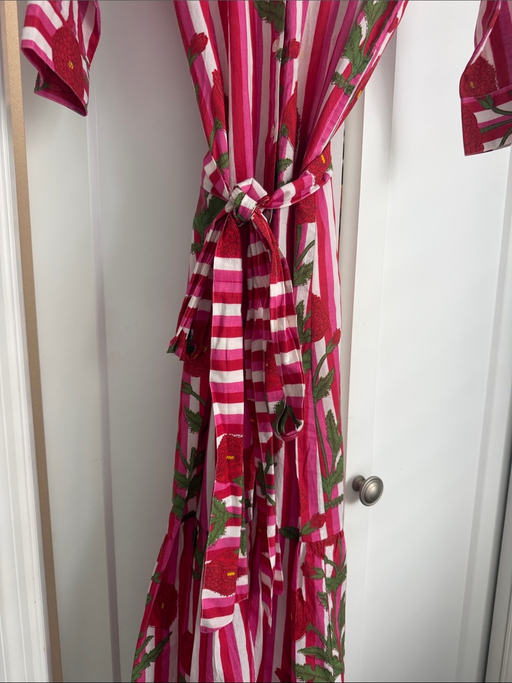 Girls' Pink & White Stripe Floral Tie-Waist Dress